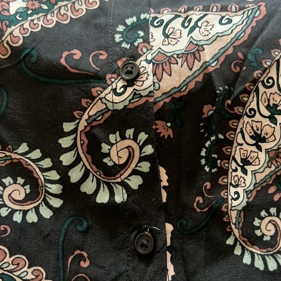 LOFT long sleeve olive green paisleys print tie front buttoned down top blouse M - Picture 8 of 9